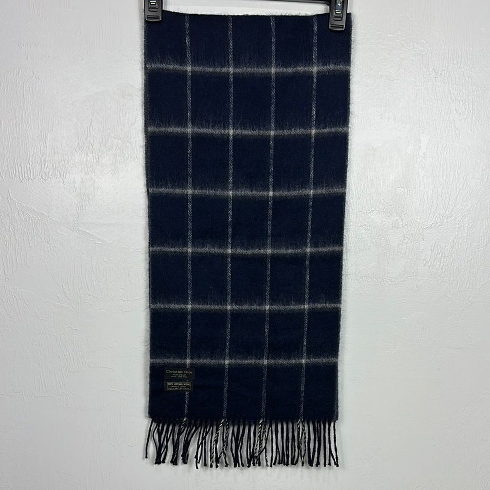 Christian Dior Monsieur Merino Wool Windowpane Fringe Trim Scarf